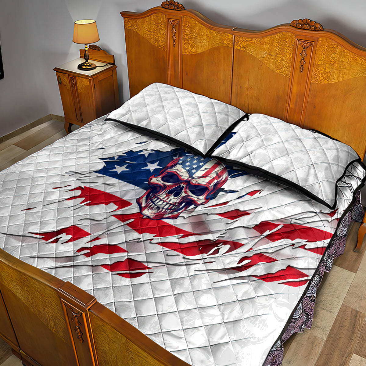American Flag Skull Quilt Bed Set - Wonder Print Shop