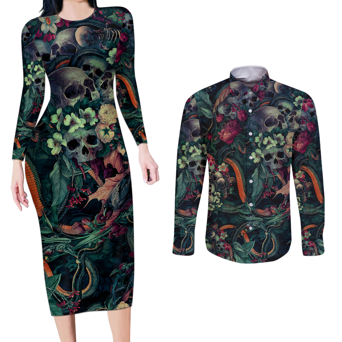 Skulls and Snakes Couples Matching Long Sleeve Bodycon Dress and Long Sleeve Button Shirt - Wonder Print Shop