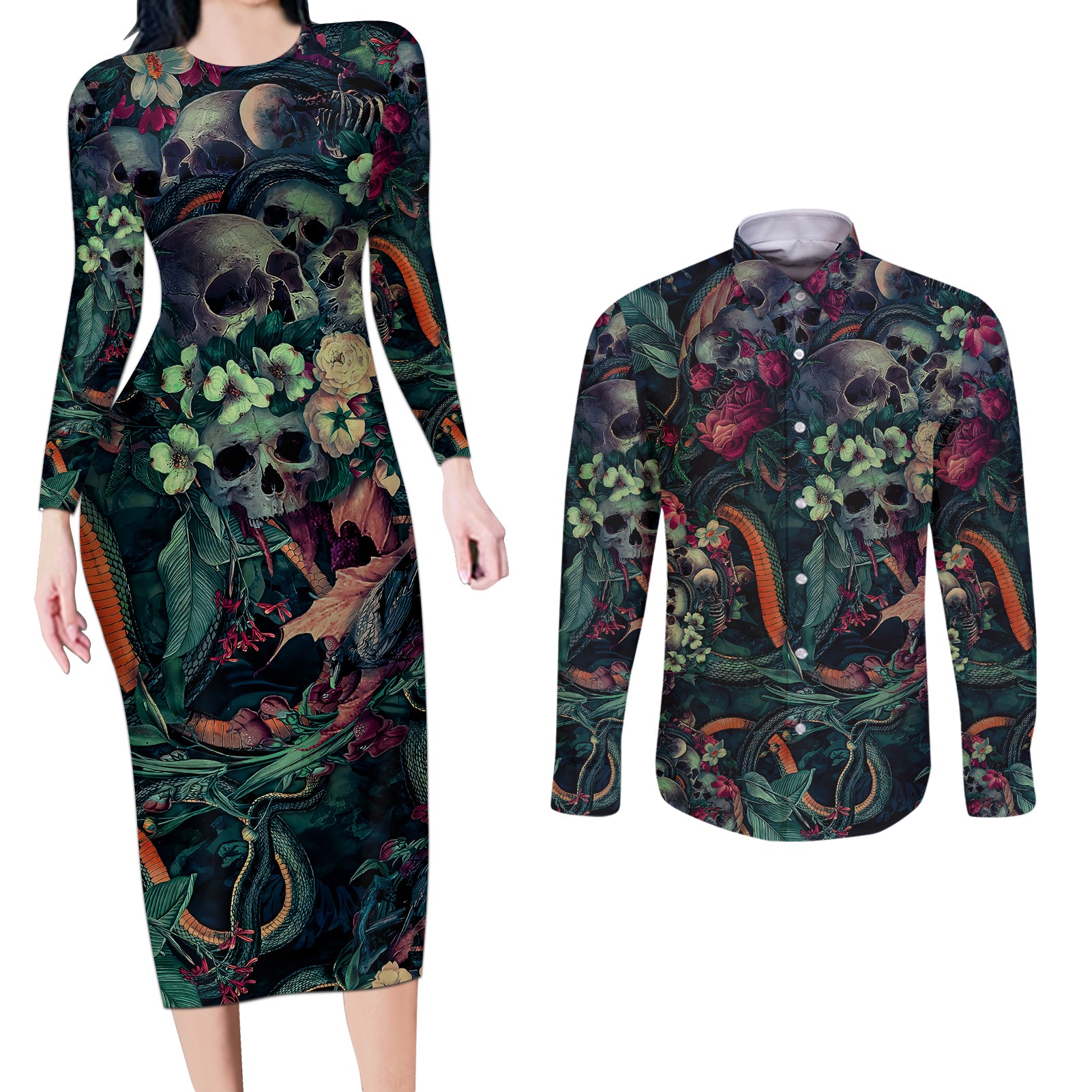 Skulls and Snakes Couples Matching Long Sleeve Bodycon Dress and Long Sleeve Button Shirt - Wonder Print Shop