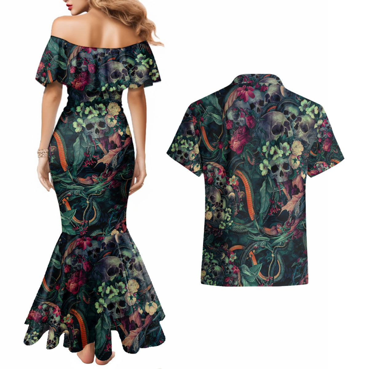Skulls and Snakes Couples Matching Mermaid Dress and Hawaiian Shirt - Wonder Print Shop