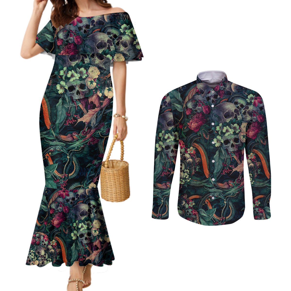 skulls-and-snakes-couples-matching-mermaid-dress-and-long-sleeve-button-shirt