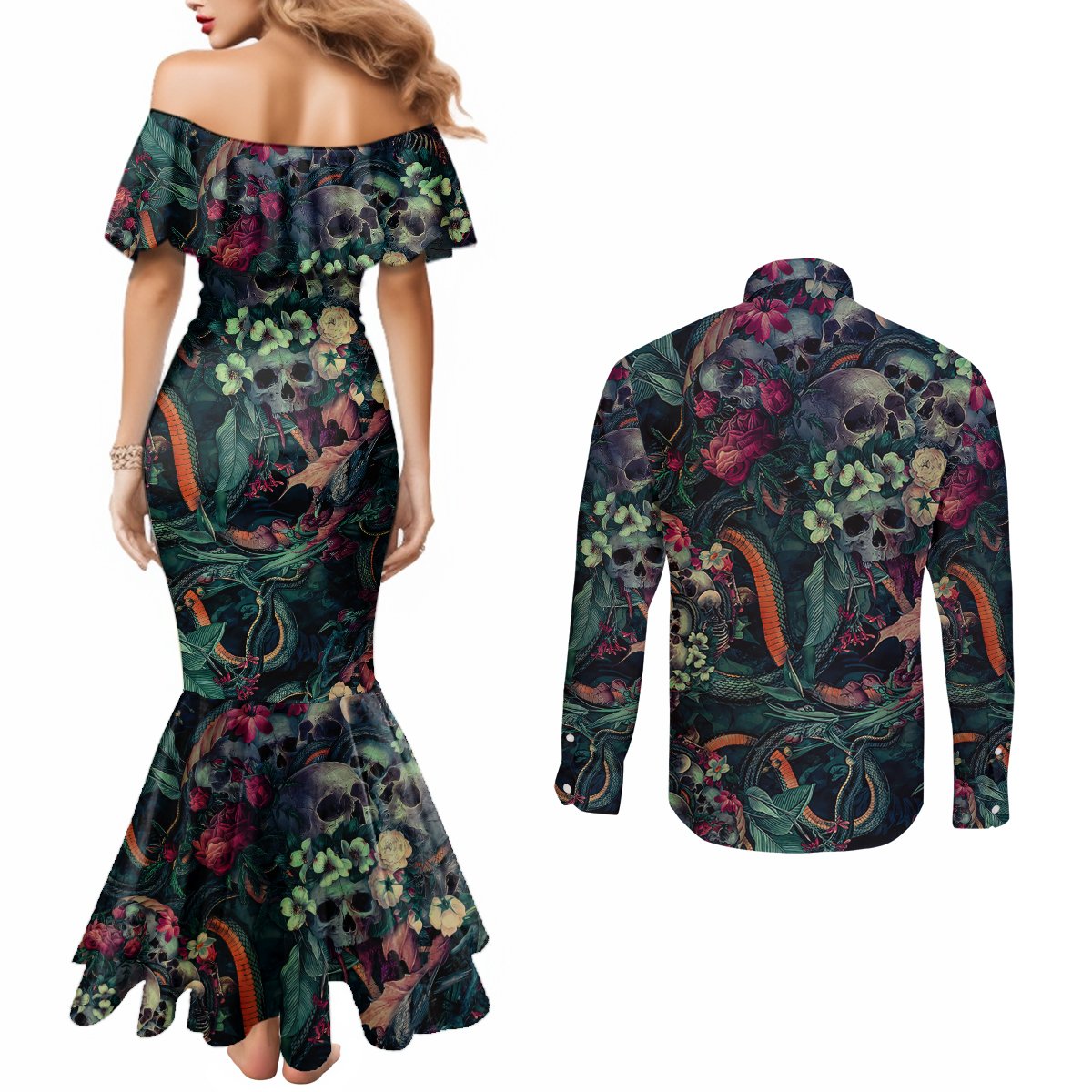 skulls-and-snakes-couples-matching-mermaid-dress-and-long-sleeve-button-shirt