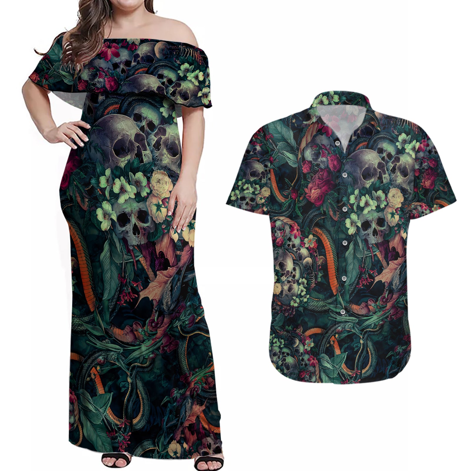 Skulls and Snakes Couples Matching Off Shoulder Maxi Dress and Hawaiian Shirt - Wonder Print Shop
