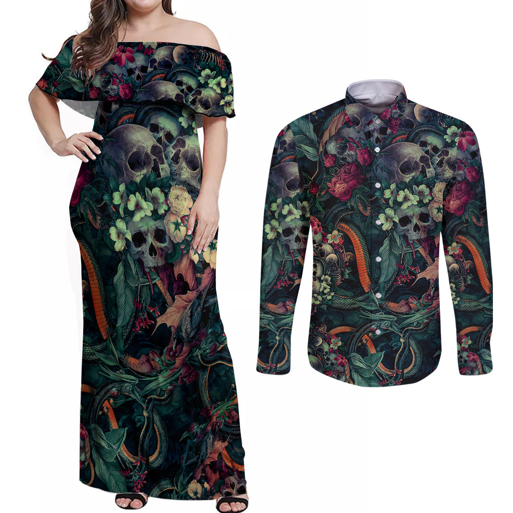 Skulls and Snakes Couples Matching Off Shoulder Maxi Dress and Long Sleeve Button Shirt - Wonder Print Shop