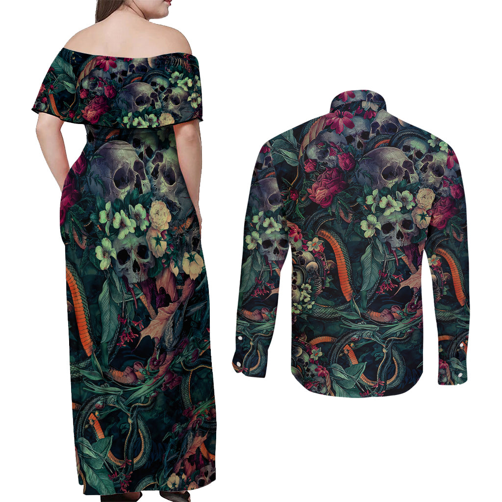 Skulls and Snakes Couples Matching Off Shoulder Maxi Dress and Long Sleeve Button Shirt - Wonder Print Shop
