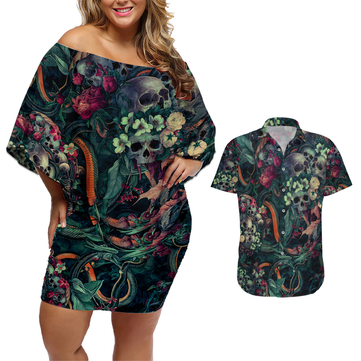 Skulls and Snakes Couples Matching Off Shoulder Short Dress and Hawaiian Shirt - Wonder Print Shop