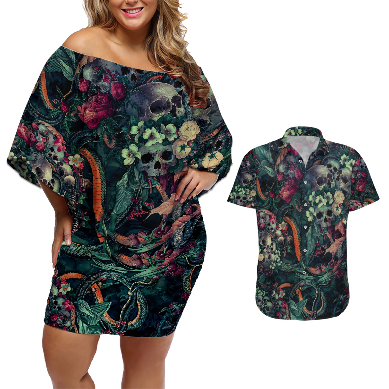 Skulls and Snakes Couples Matching Off Shoulder Short Dress and Hawaiian Shirt - Wonder Print Shop