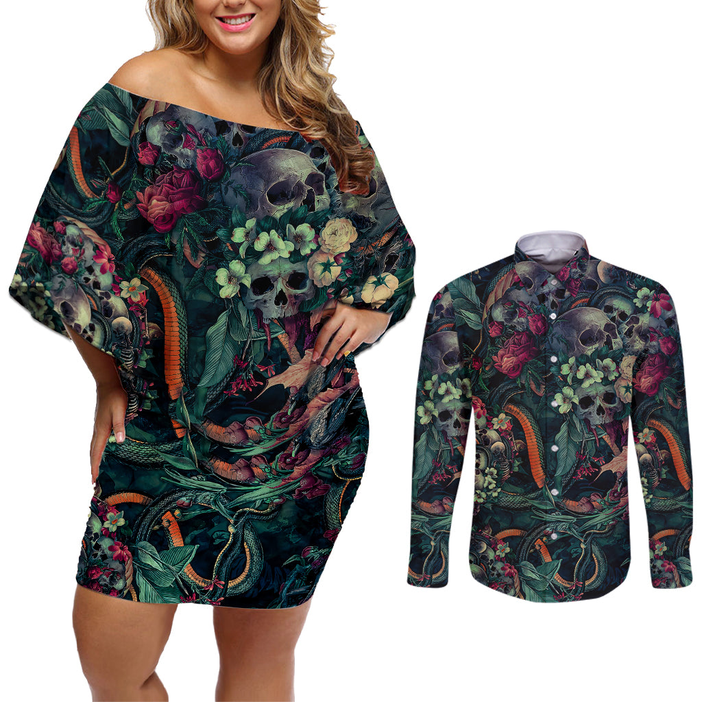 Skulls and Snakes Couples Matching Off Shoulder Short Dress and Long Sleeve Button Shirt - Wonder Print Shop