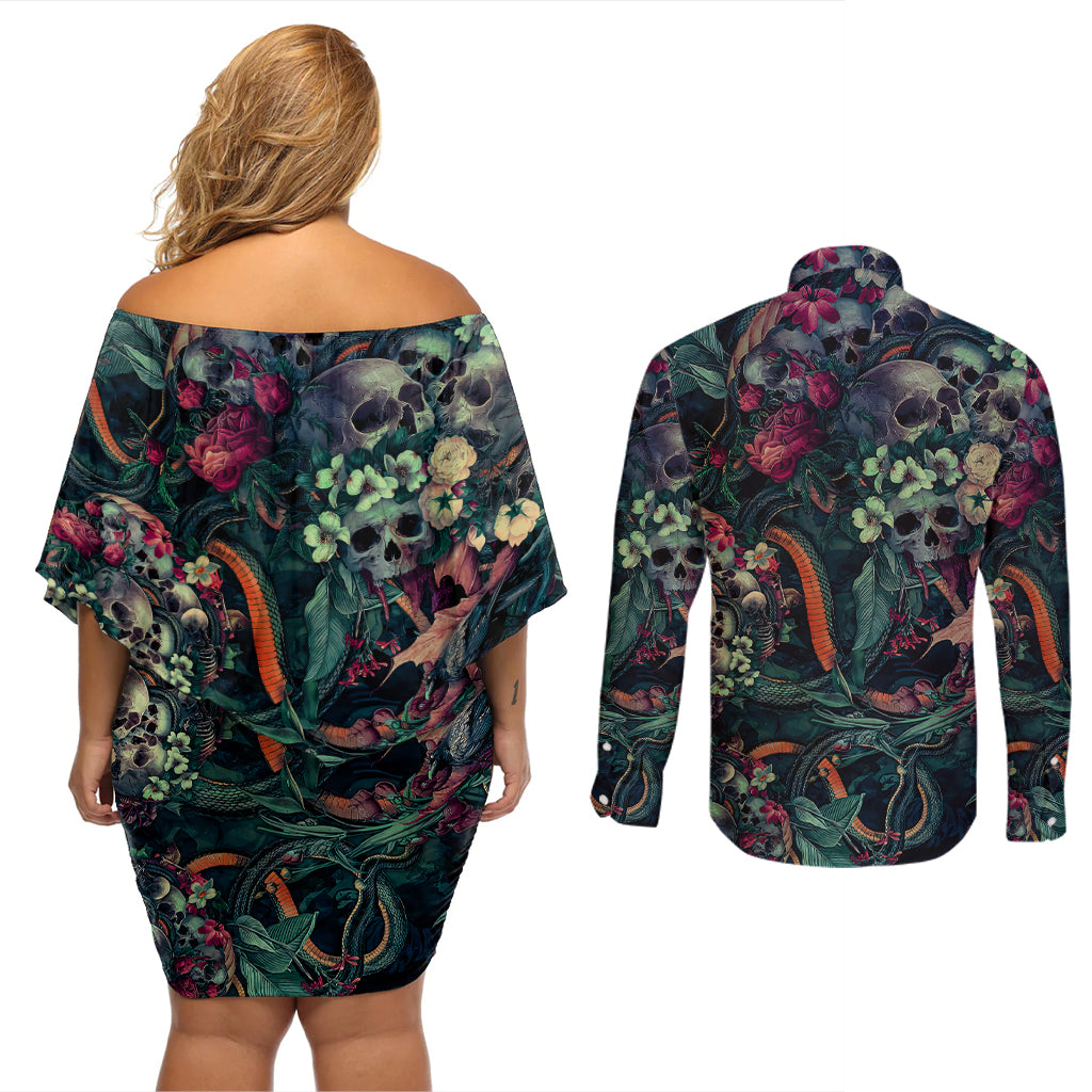 Skulls and Snakes Couples Matching Off Shoulder Short Dress and Long Sleeve Button Shirt - Wonder Print Shop