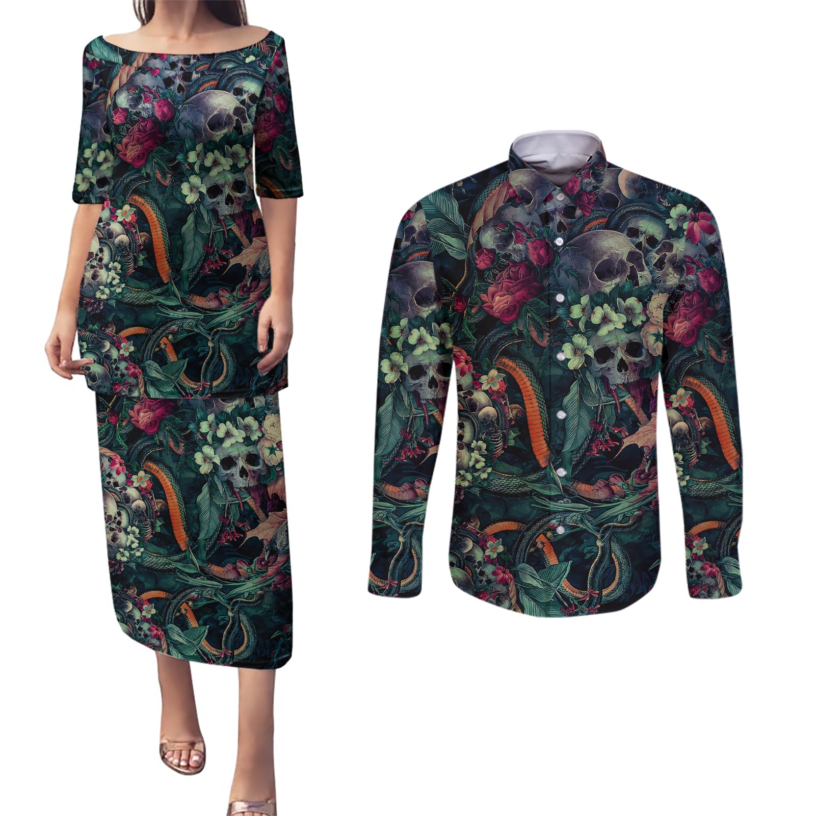 Skulls and Snakes Couples Matching Puletasi Dress and Long Sleeve Button Shirt - Wonder Print Shop