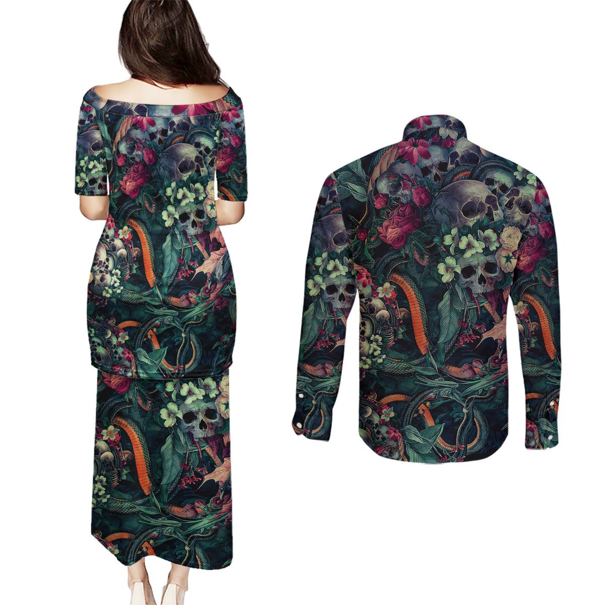 Skulls and Snakes Couples Matching Puletasi Dress and Long Sleeve Button Shirt - Wonder Print Shop