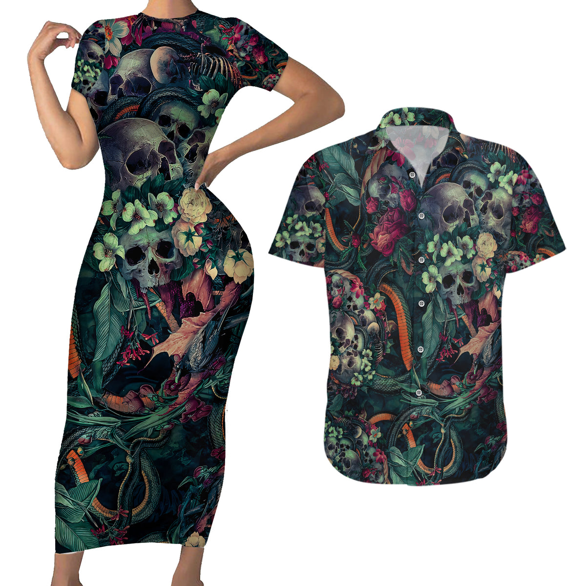 Skulls and Snakes Couples Matching Short Sleeve Bodycon Dress and Hawaiian Shirt - Wonder Print Shop