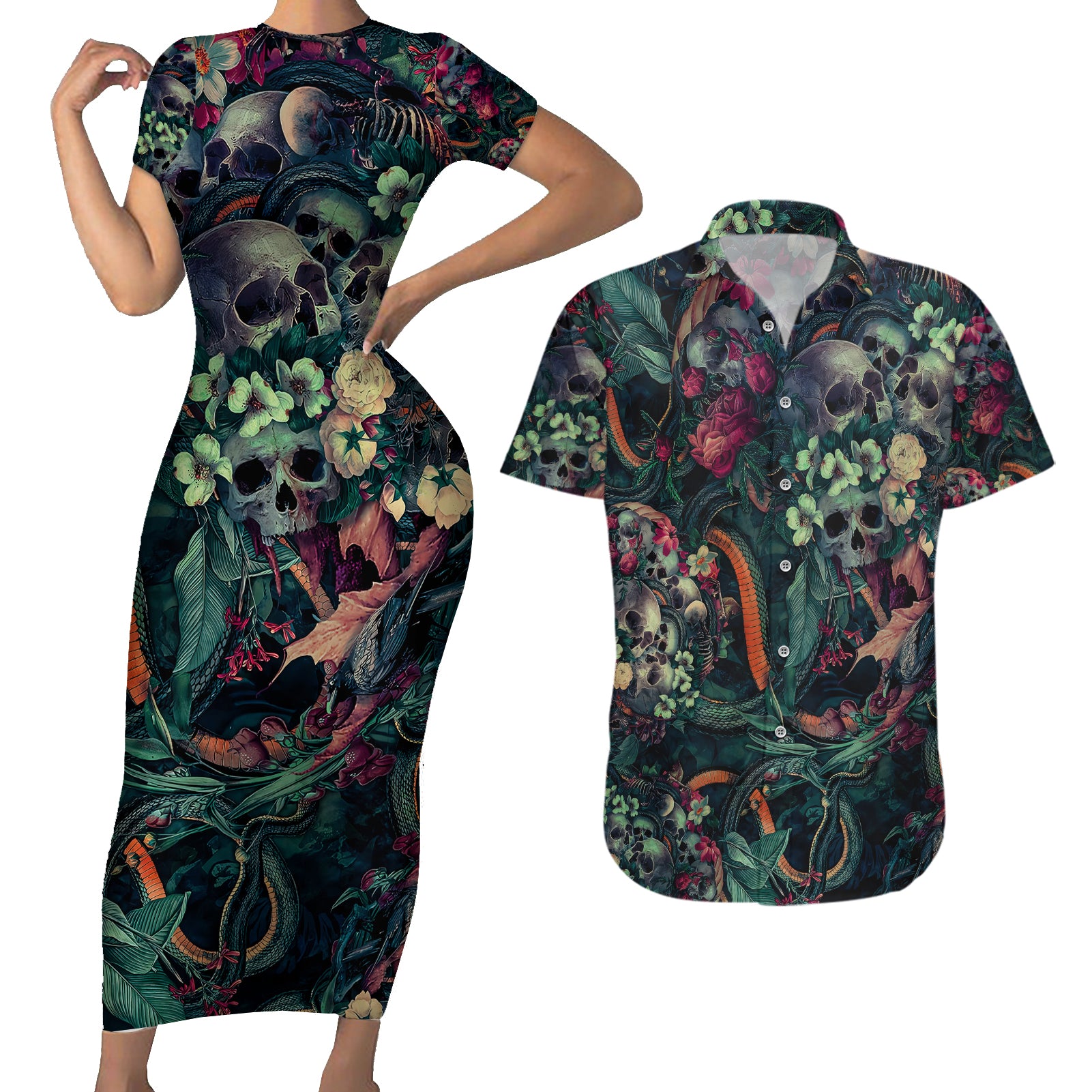 Skulls and Snakes Couples Matching Short Sleeve Bodycon Dress and Hawaiian Shirt - Wonder Print Shop