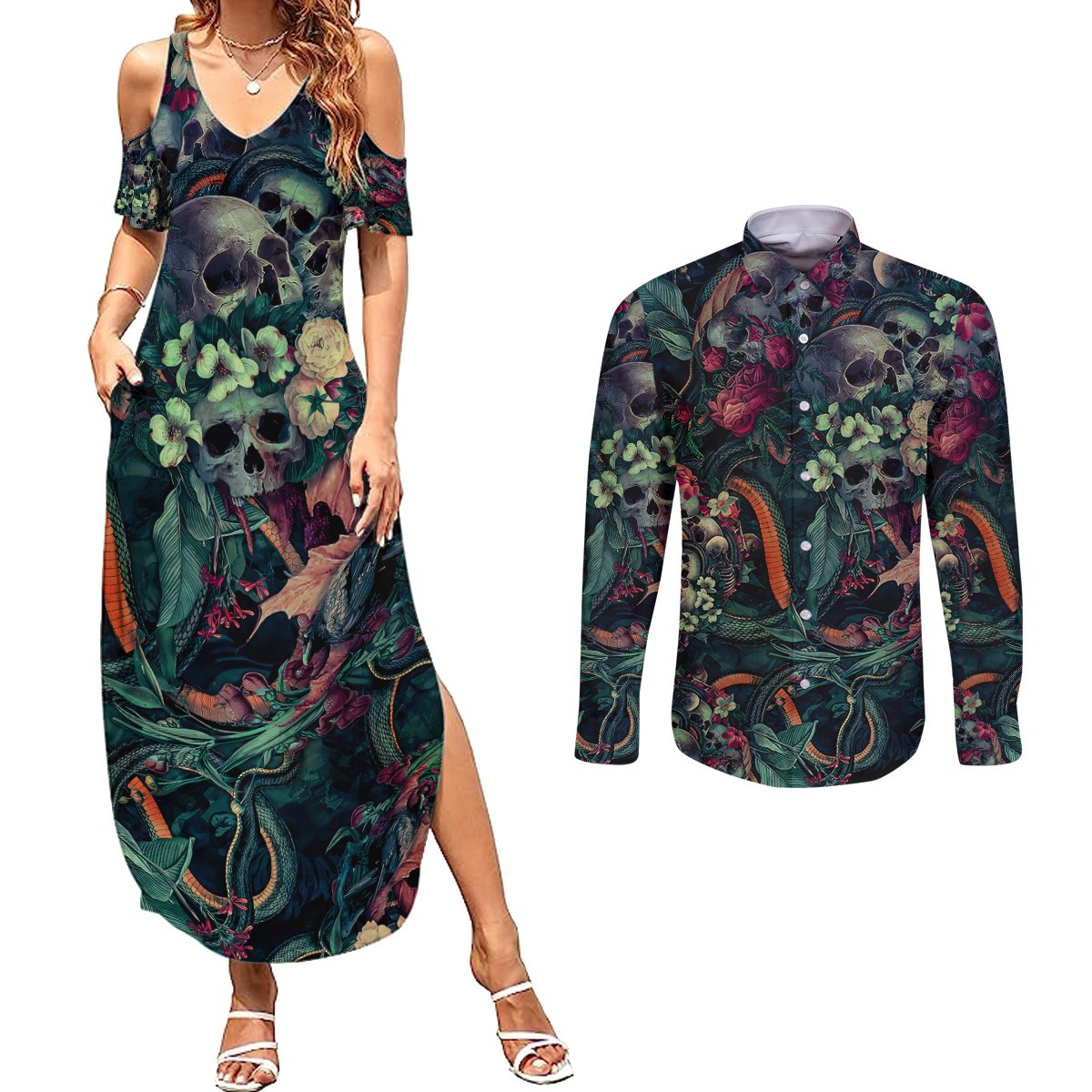 Skulls and Snakes Couples Matching Summer Maxi Dress and Long Sleeve Button Shirt - Wonder Print Shop