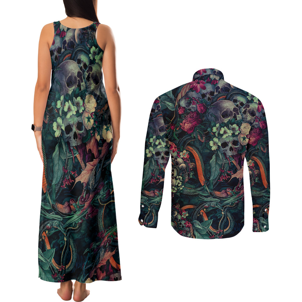 Skulls and Snakes Couples Matching Tank Maxi Dress and Long Sleeve Button Shirt - Wonder Print Shop