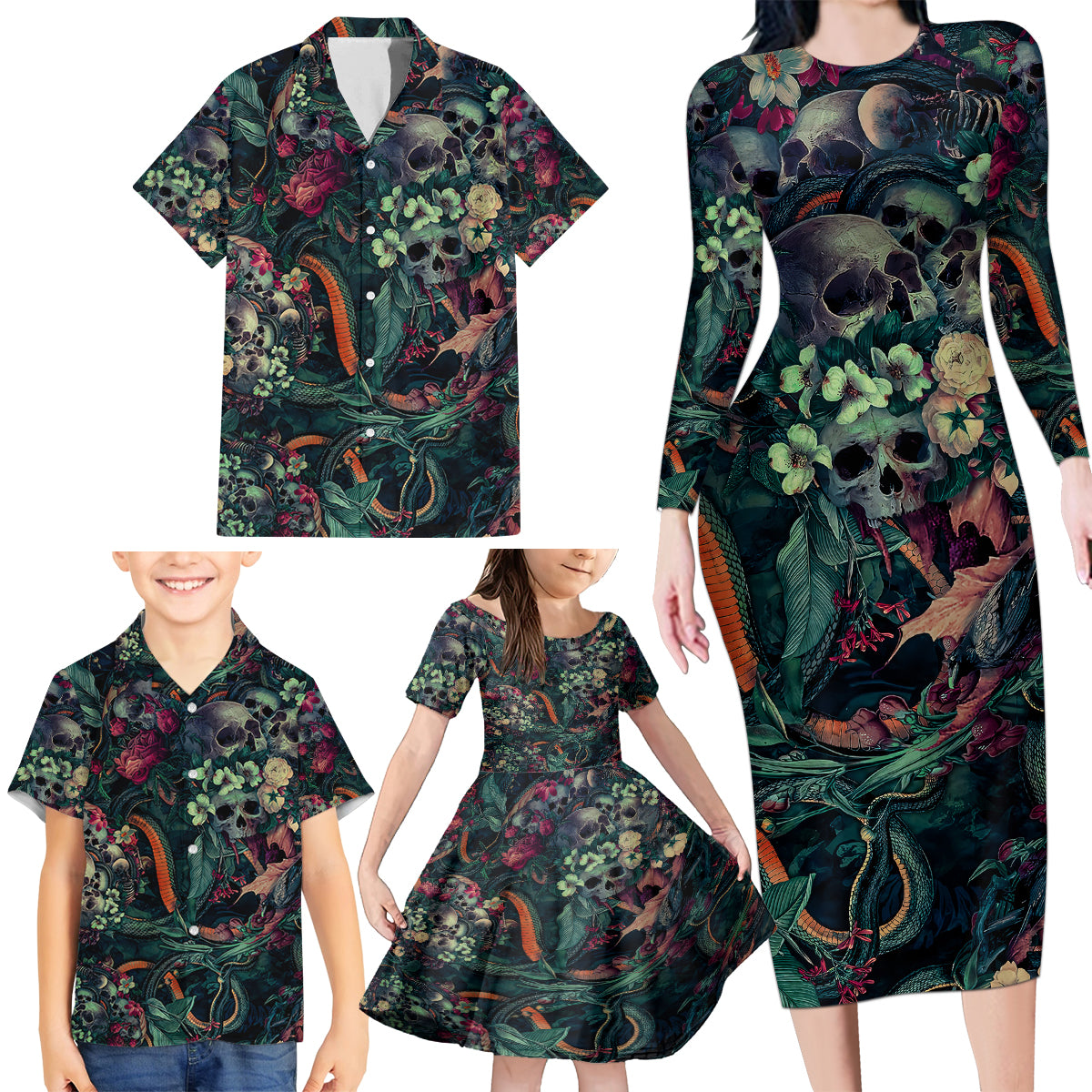 Skulls and Snakes Family Matching Long Sleeve Bodycon Dress and Hawaiian Shirt - Wonder Print Shop