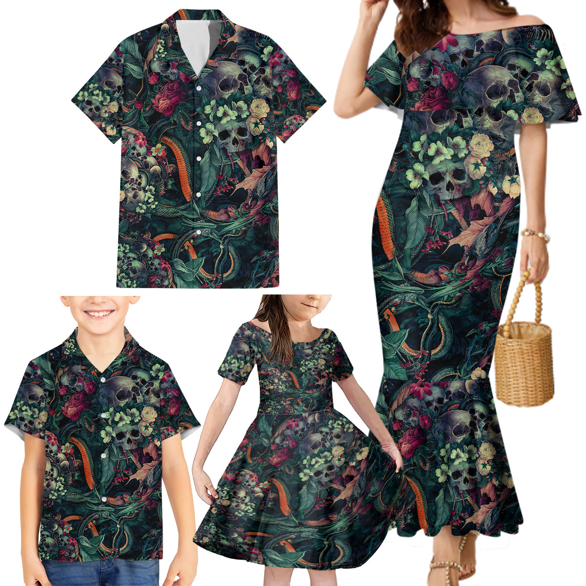 Skulls and Snakes Family Matching Mermaid Dress and Hawaiian Shirt - Wonder Print Shop