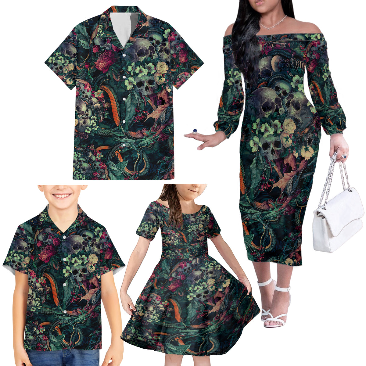 Skulls and Snakes Family Matching Off Shoulder Long Sleeve Dress and Hawaiian Shirt - Wonder Print Shop