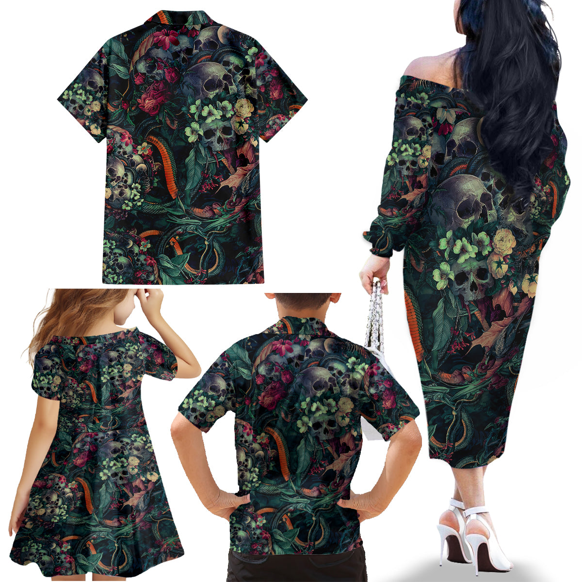 Skulls and Snakes Family Matching Off Shoulder Long Sleeve Dress and Hawaiian Shirt - Wonder Print Shop