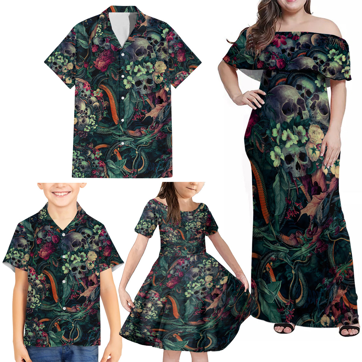 Skulls and Snakes Family Matching Off Shoulder Maxi Dress and Hawaiian Shirt - Wonder Print Shop