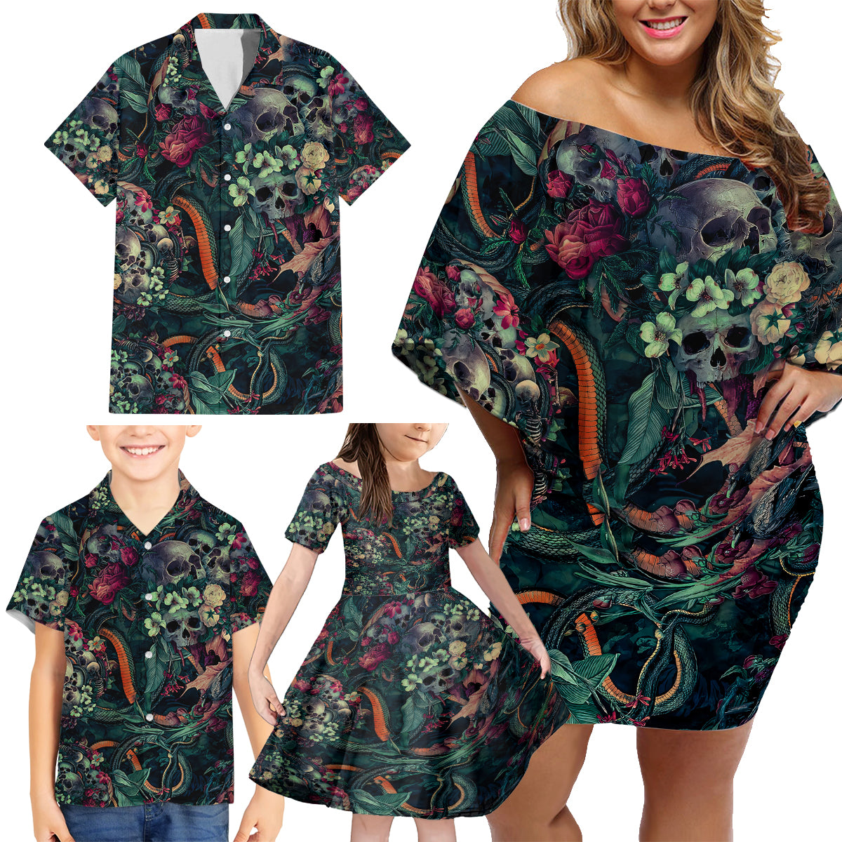 Skulls and Snakes Family Matching Off Shoulder Short Dress and Hawaiian Shirt - Wonder Print Shop