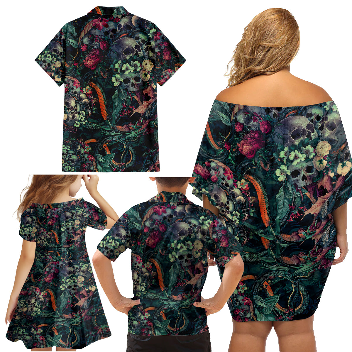 Skulls and Snakes Family Matching Off Shoulder Short Dress and Hawaiian Shirt - Wonder Print Shop