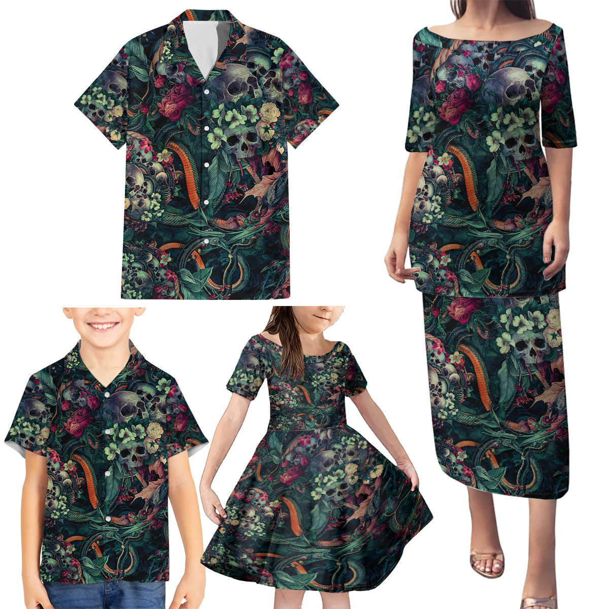 Skulls and Snakes Family Matching Puletasi Dress and Hawaiian Shirt - Wonder Print Shop