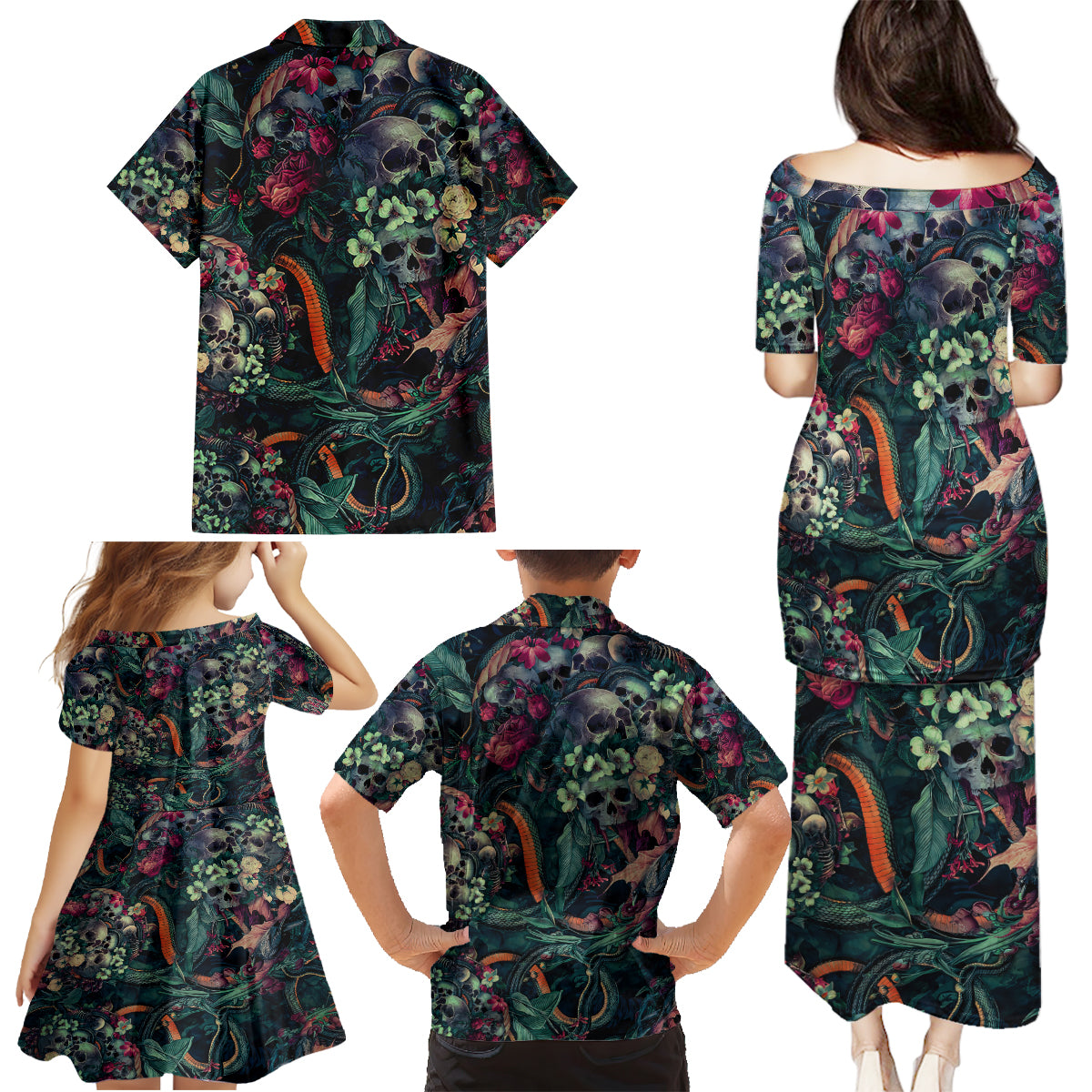 Skulls and Snakes Family Matching Puletasi Dress and Hawaiian Shirt - Wonder Print Shop