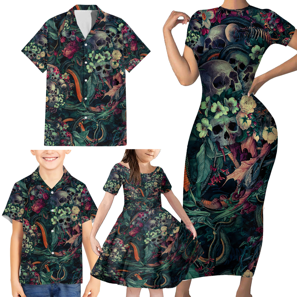 Skulls and Snakes Family Matching Short Sleeve Bodycon Dress and Hawaiian Shirt - Wonder Print Shop