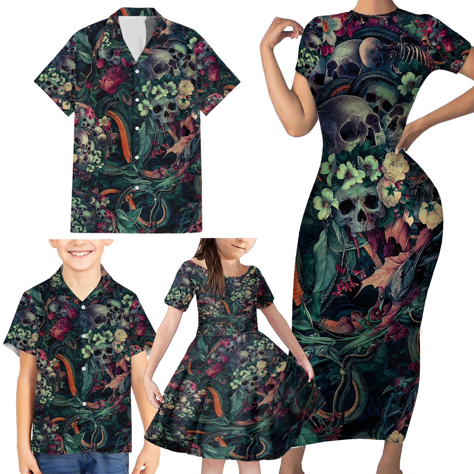 Skulls and Snakes Family Matching Short Sleeve Bodycon Dress and Hawaiian Shirt - Wonder Print Shop