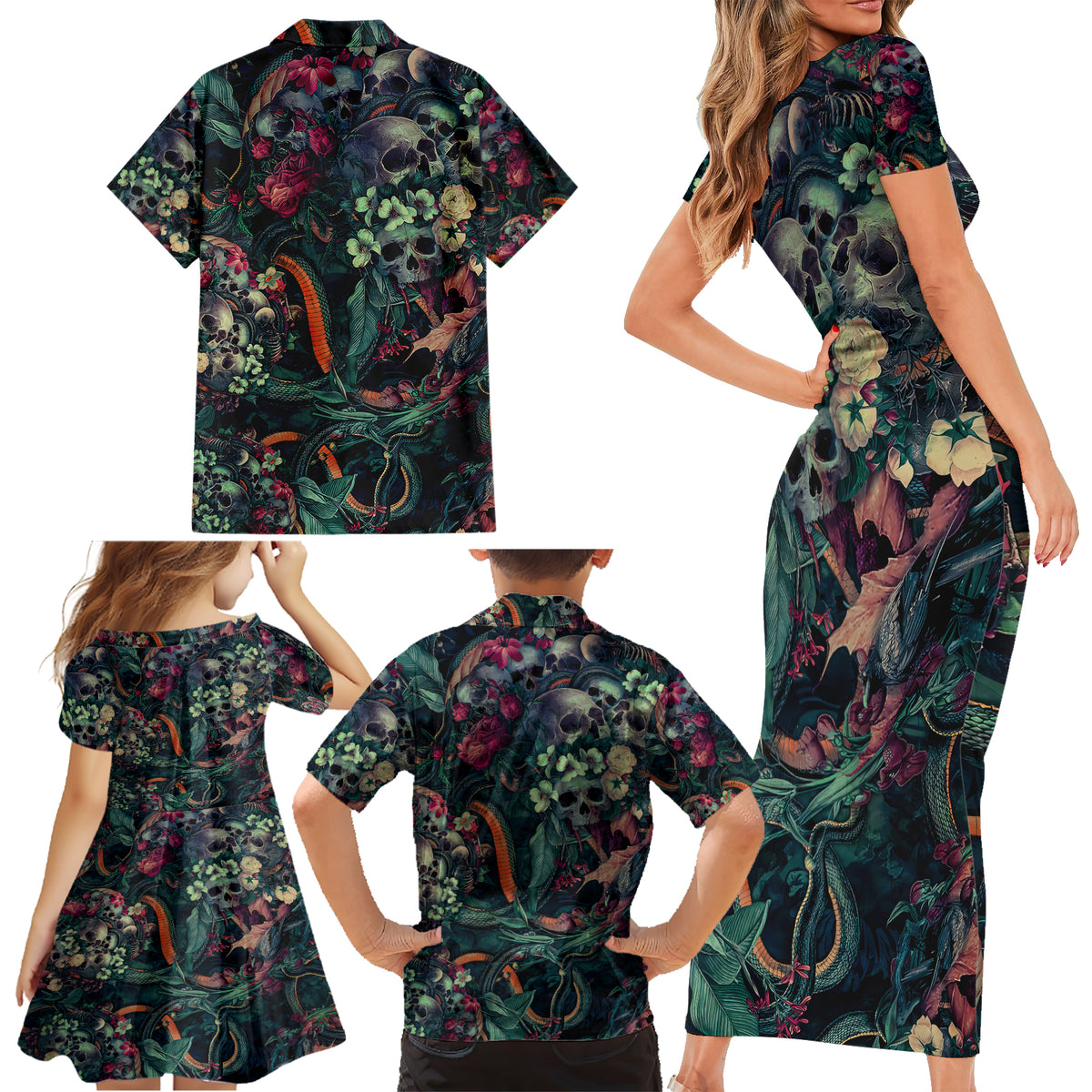 Skulls and Snakes Family Matching Short Sleeve Bodycon Dress and Hawaiian Shirt - Wonder Print Shop