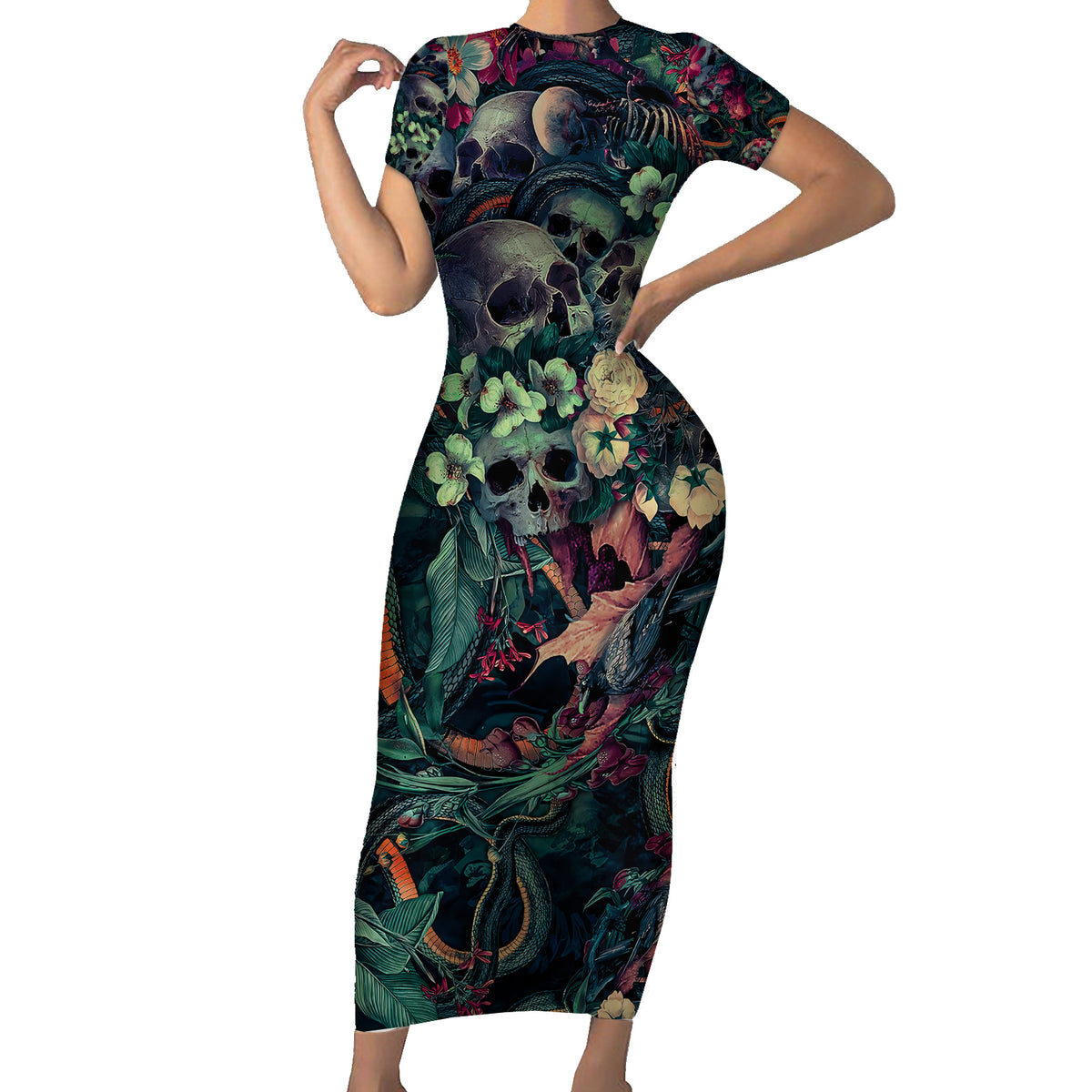 Skulls and Snakes Family Matching Short Sleeve Bodycon Dress and Hawaiian Shirt - Wonder Print Shop