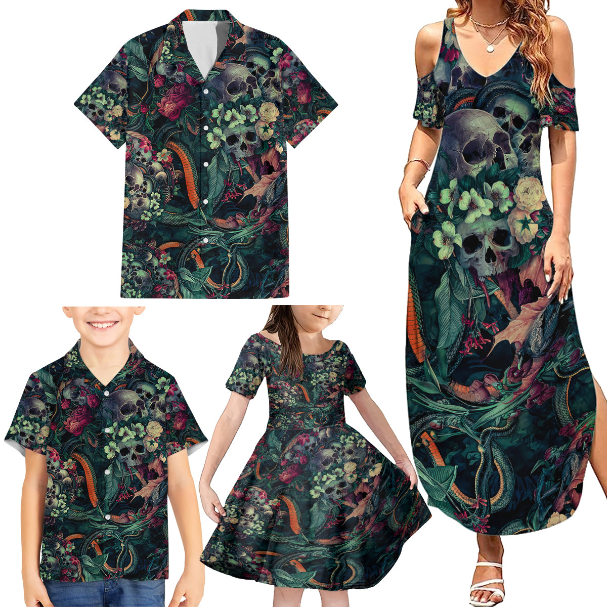 Skulls and Snakes Family Matching Summer Maxi Dress and Hawaiian Shirt - Wonder Print Shop