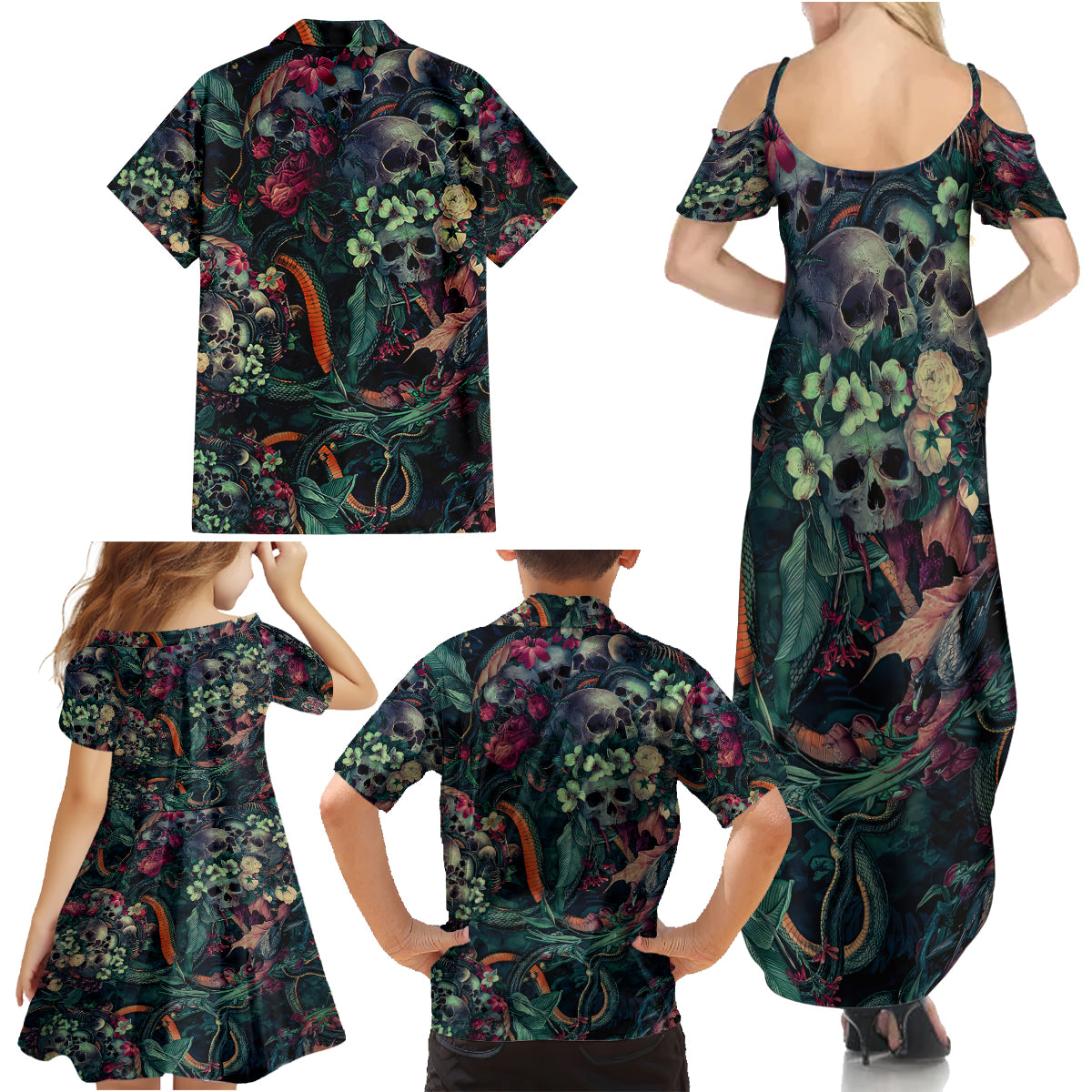 Skulls and Snakes Family Matching Summer Maxi Dress and Hawaiian Shirt - Wonder Print Shop