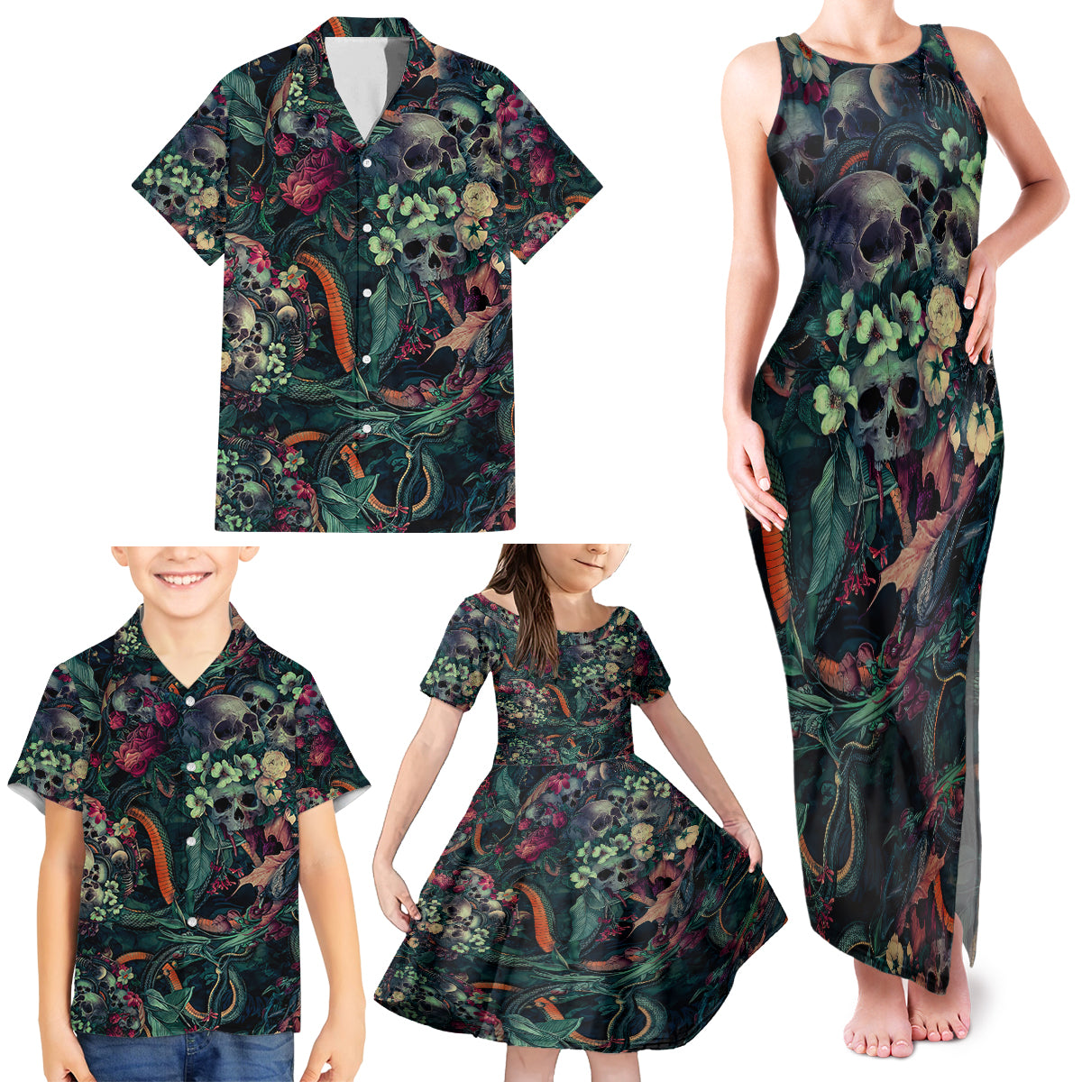 Skulls and Snakes Family Matching Tank Maxi Dress and Hawaiian Shirt - Wonder Print Shop
