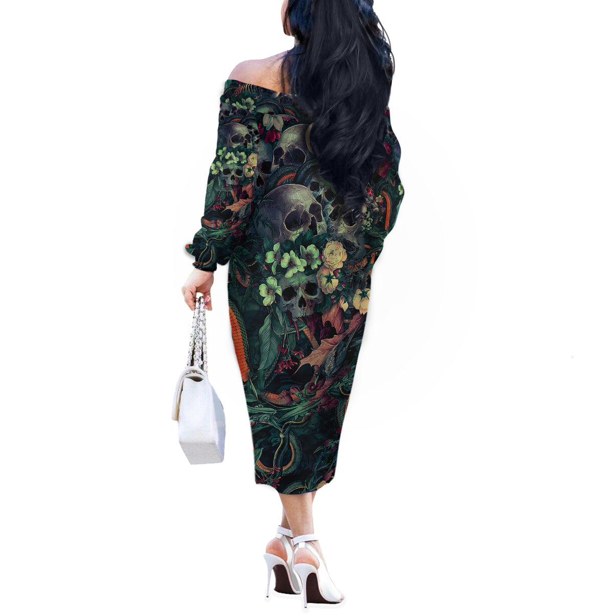 Skulls and Snakes Off The Shoulder Long Sleeve Dress - Wonder Print Shop