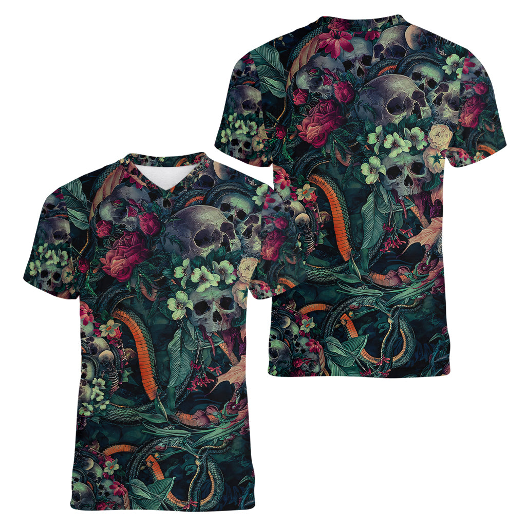 Skulls and Snakes Women V Neck T Shirt - Wonder Print Shop