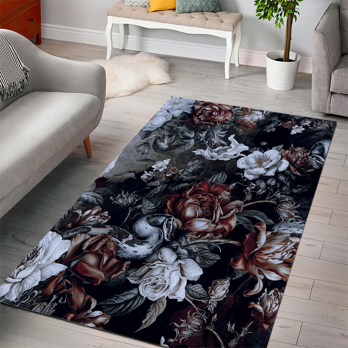 Skulls Roses And White Snakes Area Rug - Wonder Print Shop