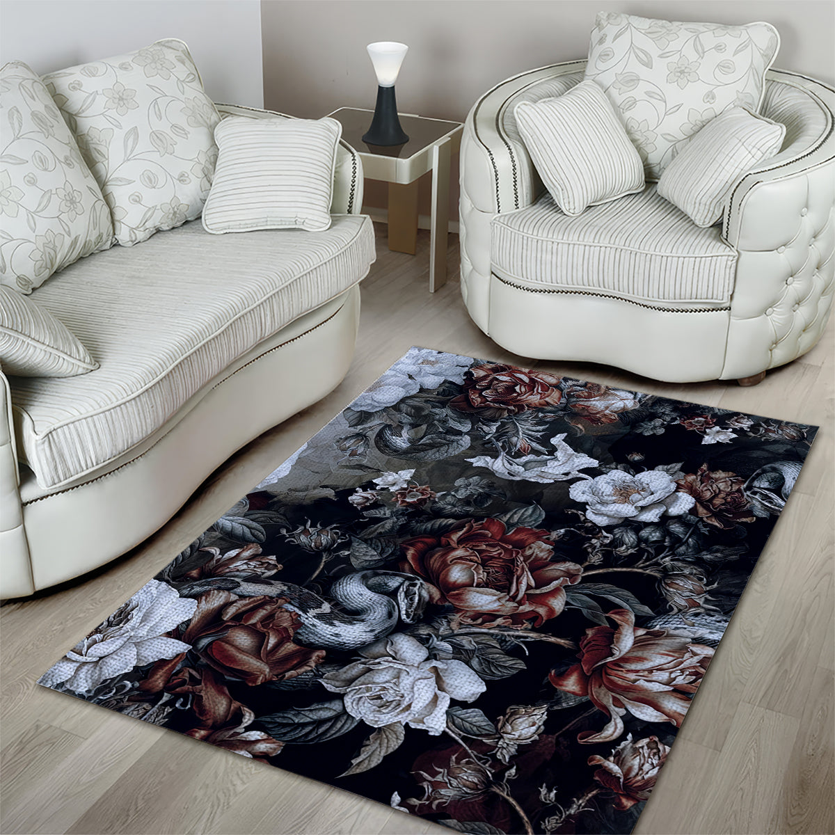 Skulls Roses And White Snakes Area Rug - Wonder Print Shop