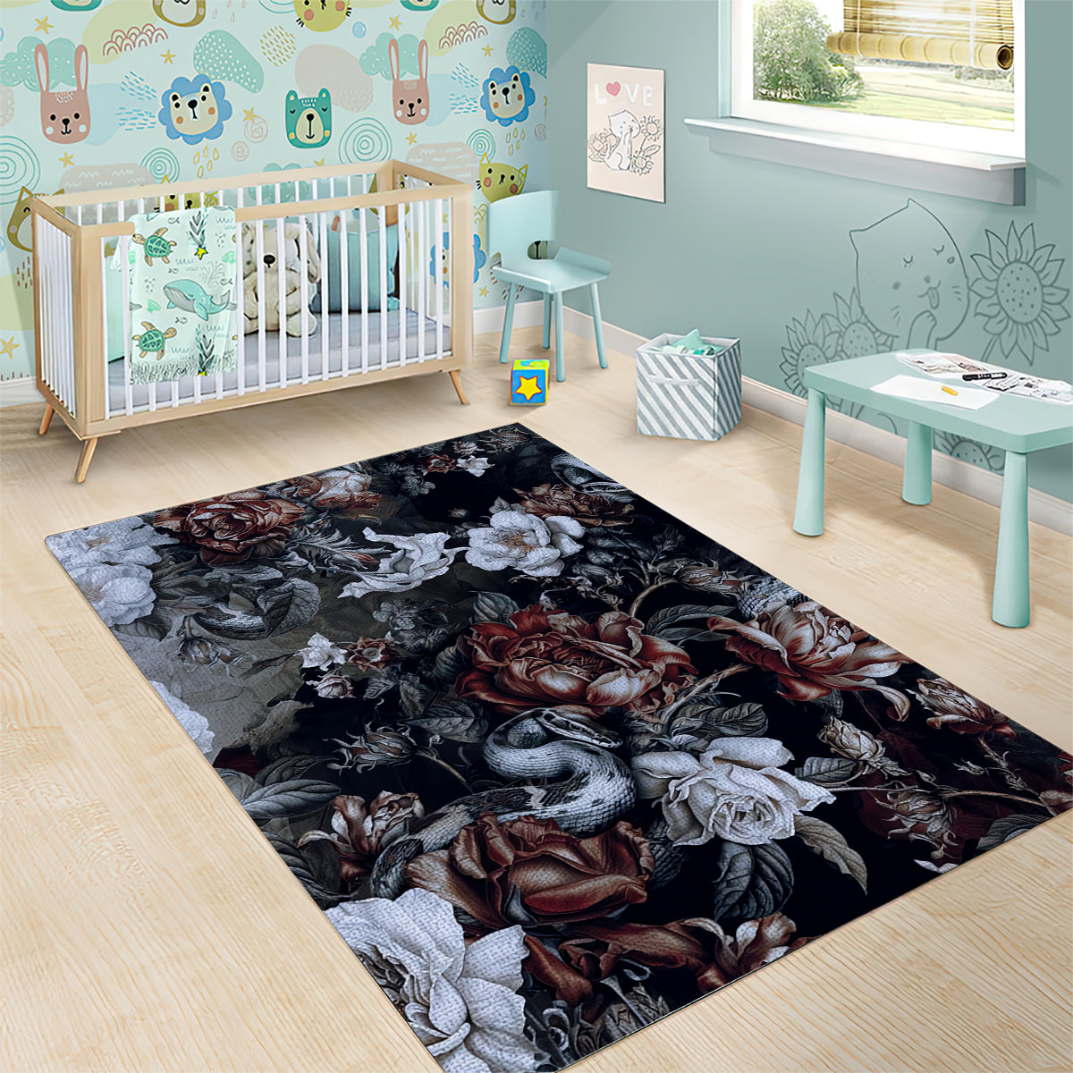 Skulls Roses And White Snakes Area Rug - Wonder Print Shop