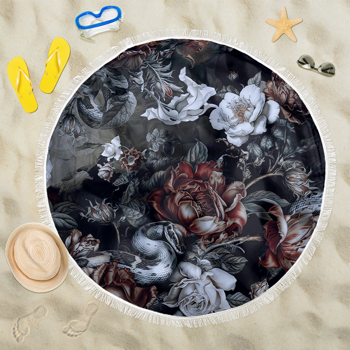 Skulls Roses And White Snakes Beach Blanket - Wonder Print Shop