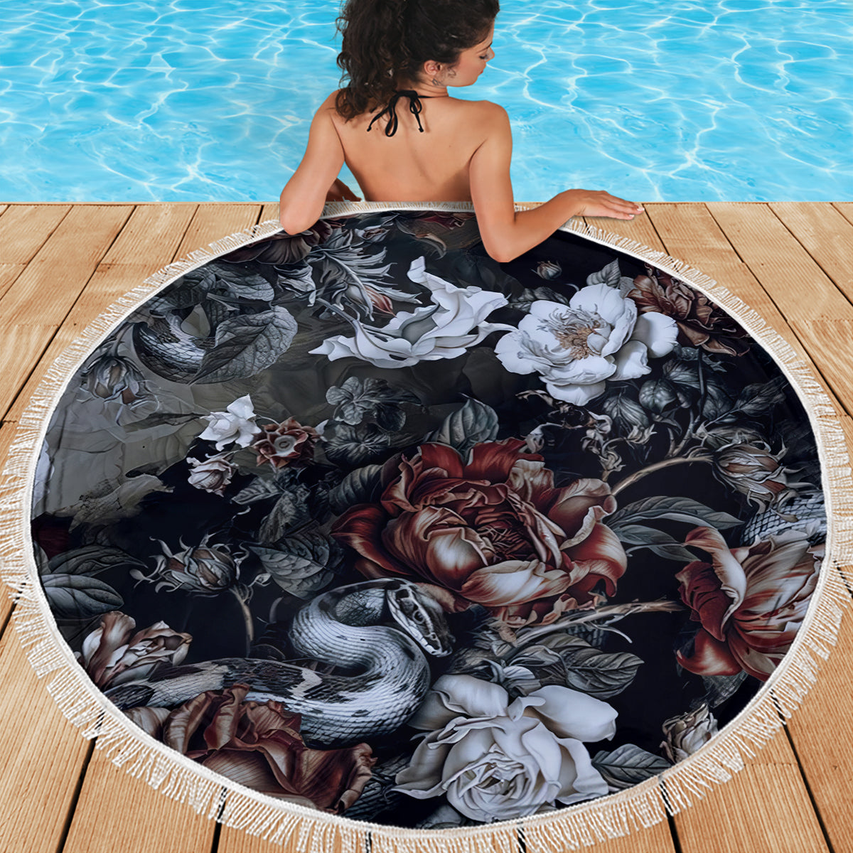 Skulls Roses And White Snakes Beach Blanket - Wonder Print Shop