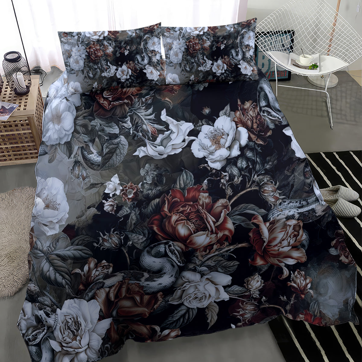 Skulls Roses And White Snakes Bedding Set - Wonder Print Shop