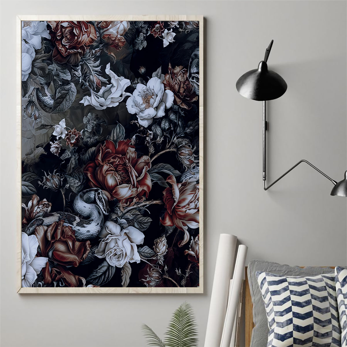 Skulls Roses And White Snakes Canvas Wall Art - Wonder Print Shop