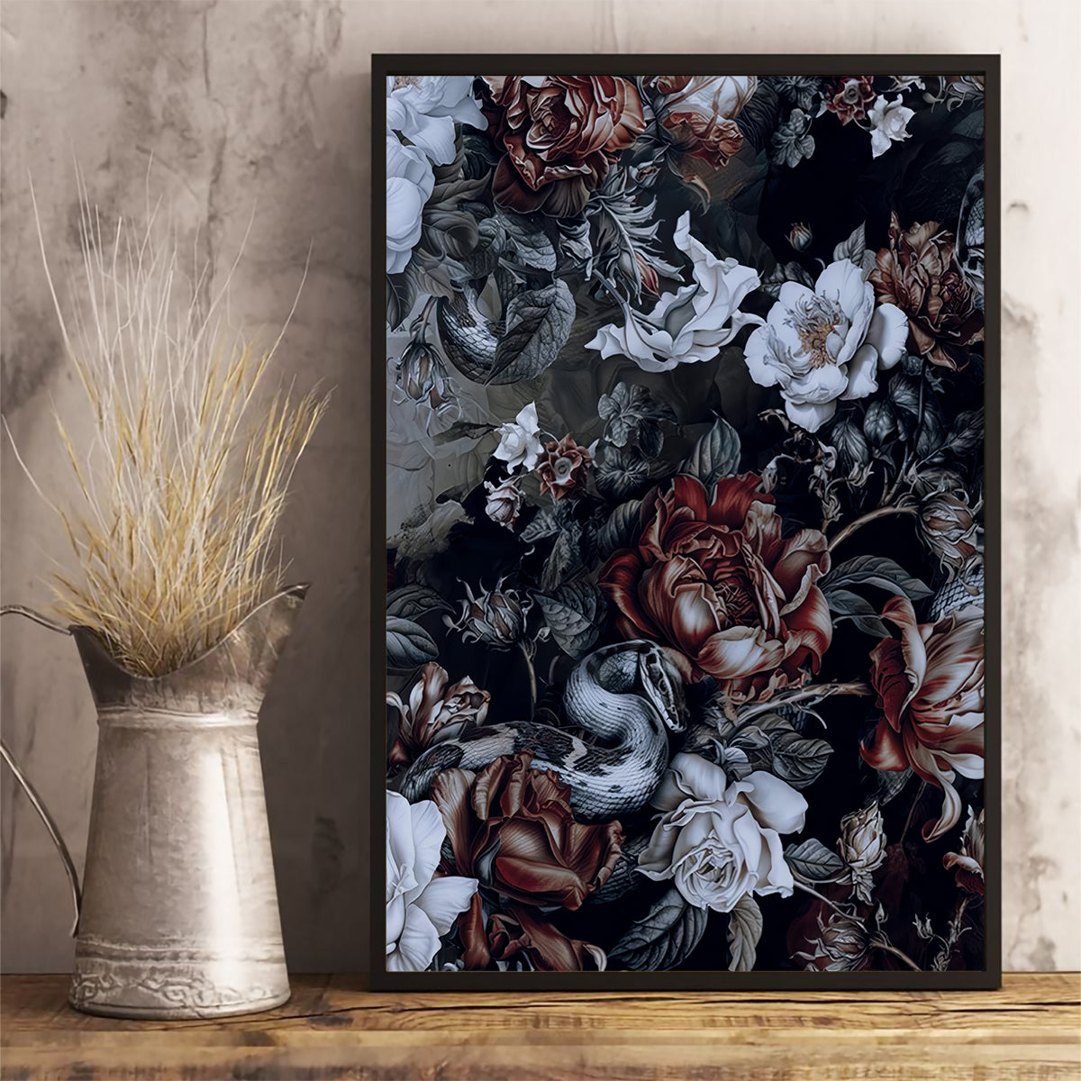Skulls Roses And White Snakes Canvas Wall Art - Wonder Print Shop