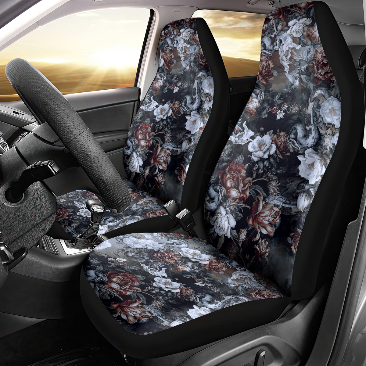Skulls Roses And White Snakes Car Seat Cover - Wonder Print Shop