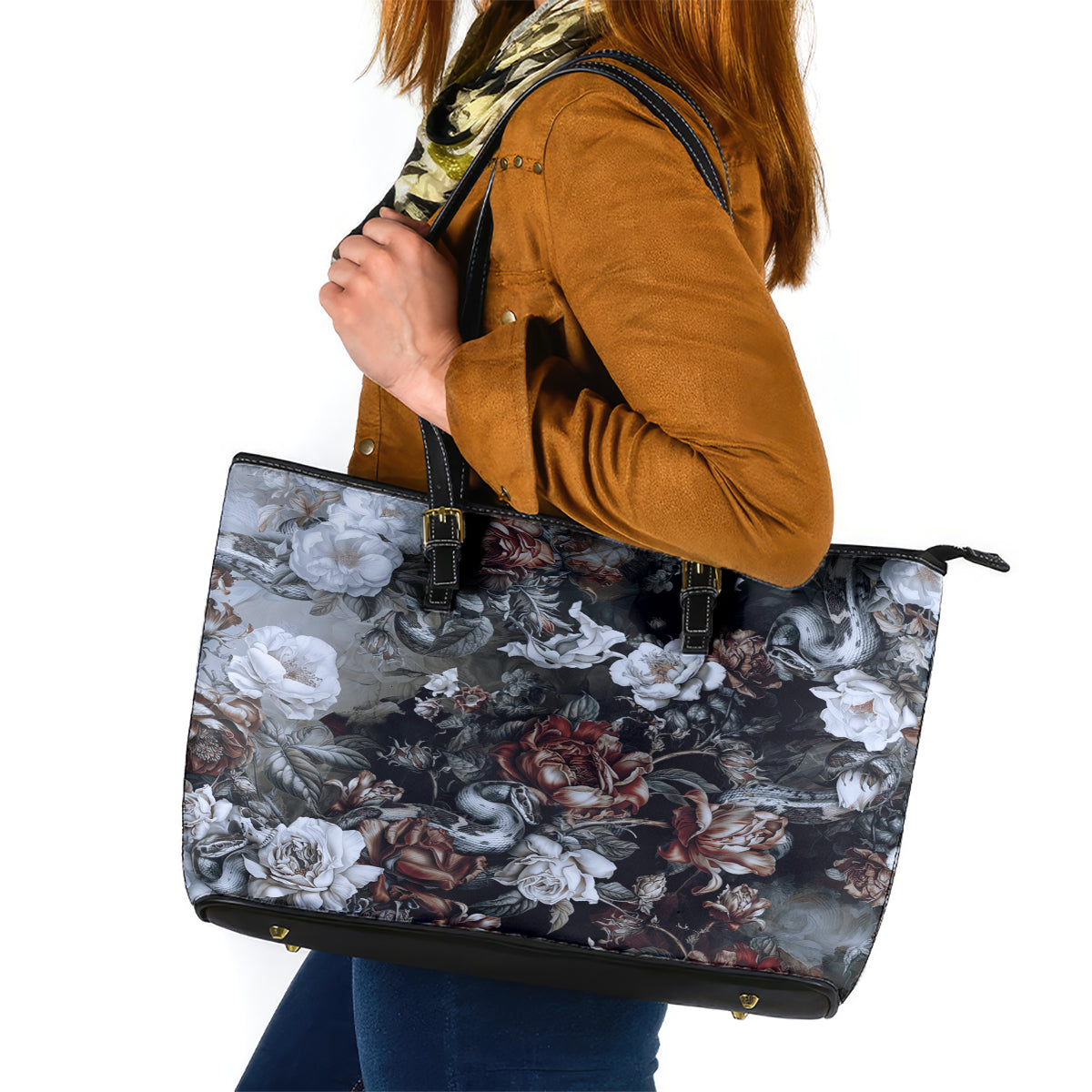 Skulls Roses And White Snakes Leather Tote Bag - Wonder Print Shop