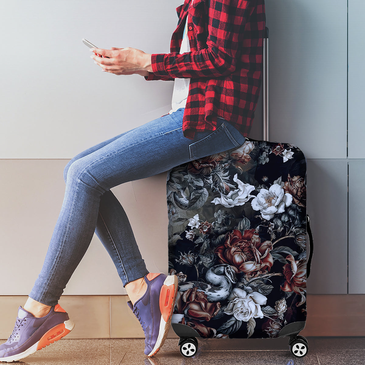 Skulls Roses And White Snakes Luggage Cover - Wonder Print Shop