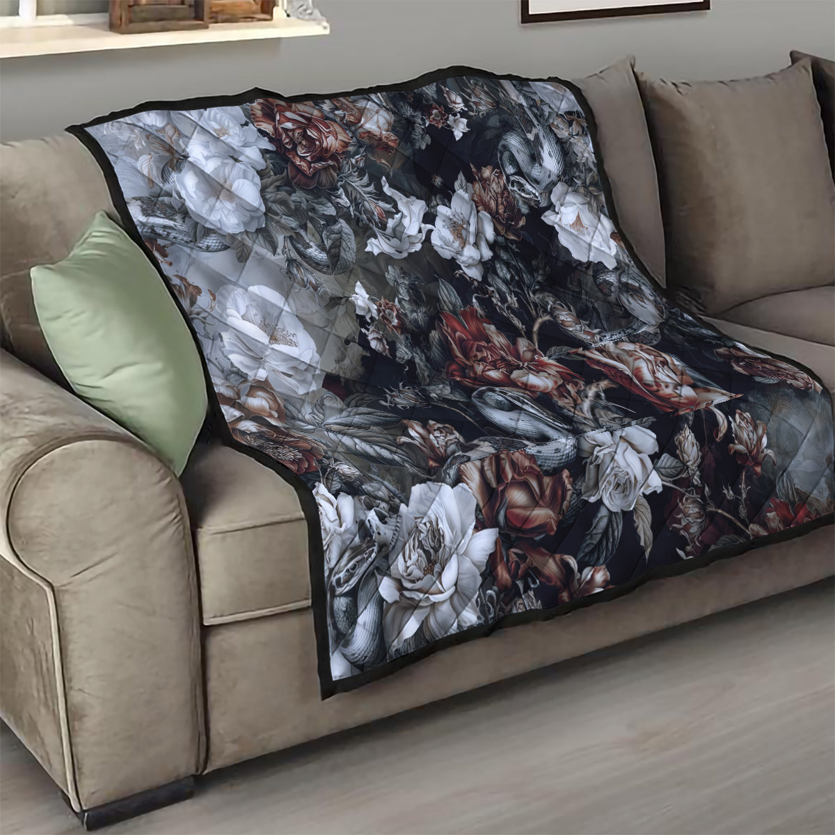 Skulls Roses And White Snakes Quilt - Wonder Print Shop