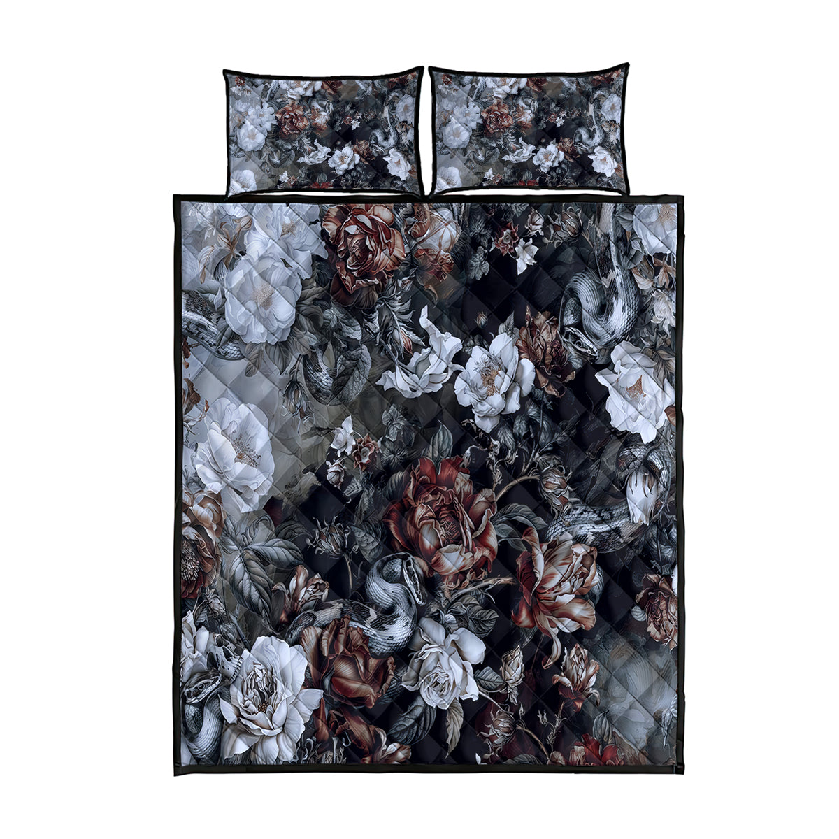 Skulls Roses And White Snakes Quilt Bed Set - Wonder Print Shop